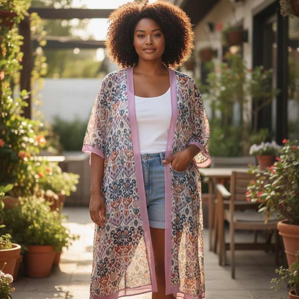 Torrid Purple Ikat Damask Sheer Chiffon Kimono Duster Cardigan Size 2 2X